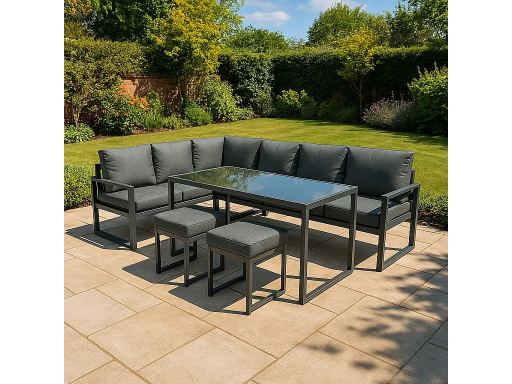 Ensemble Meubles de Jardin En Aluminium Gris Anthracite 7 Places Salon Extérieur Modulaire En Forme de L & Table (Housse Imperméable INCLUS)