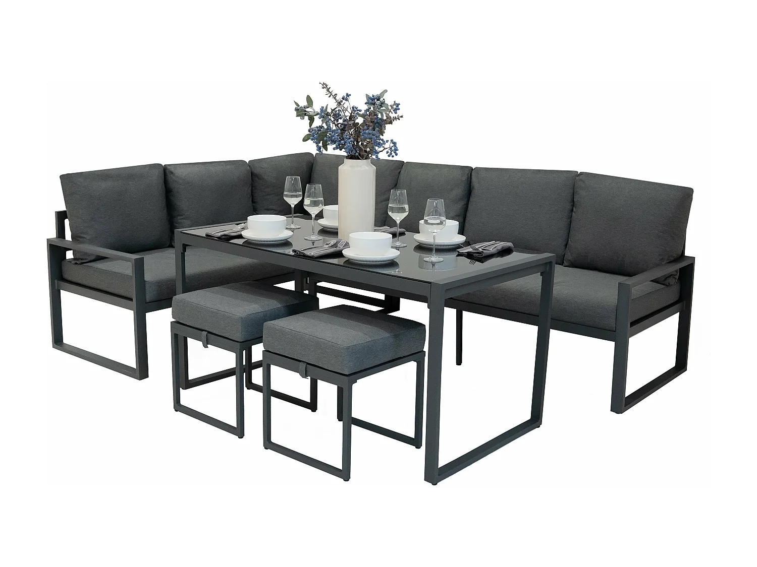 Ensemble Meubles de Jardin En Aluminium Gris Anthracite 7 Places Salon Extérieur Modulaire En Forme de L & Table (Housse Imperméable INCLUS)