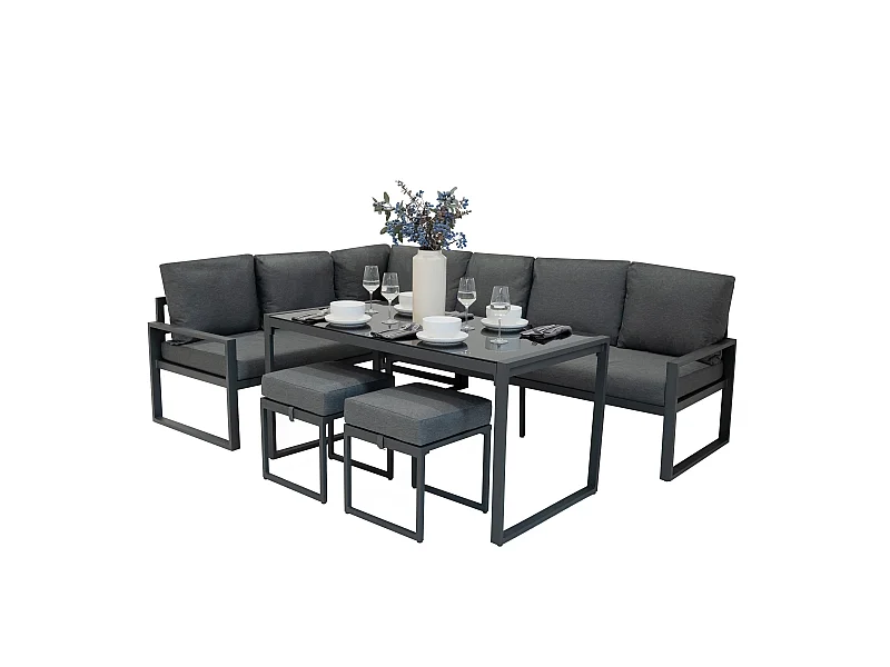 Ensemble Meubles de Jardin En Aluminium Gris Anthracite 7 Places Salon Extérieur Modulaire En Forme de L & Table (Housse Imperméable INCLUS)