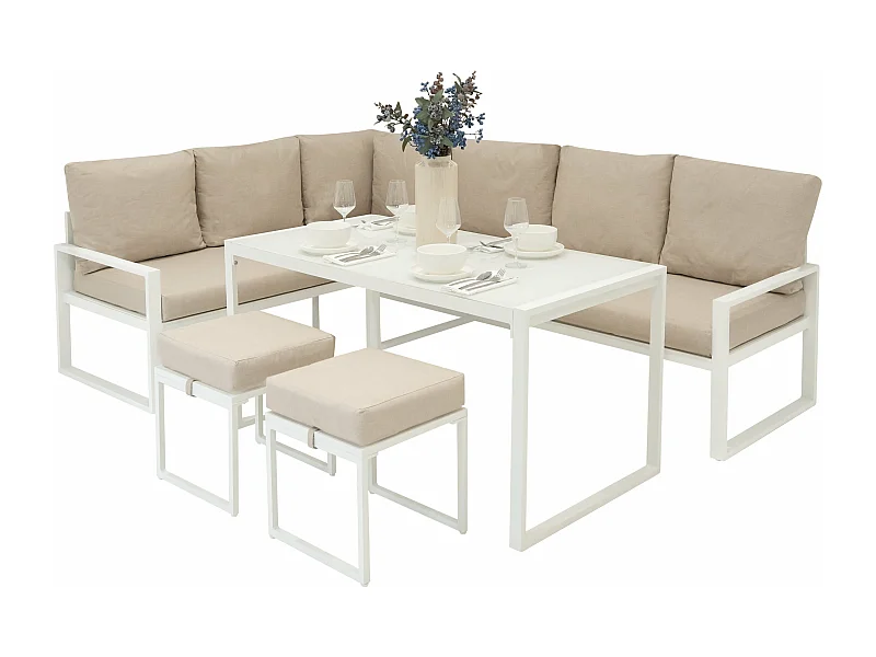 Sofa Esquinero para Exteriores con 2 Taburetes y Mesa - Blanco
