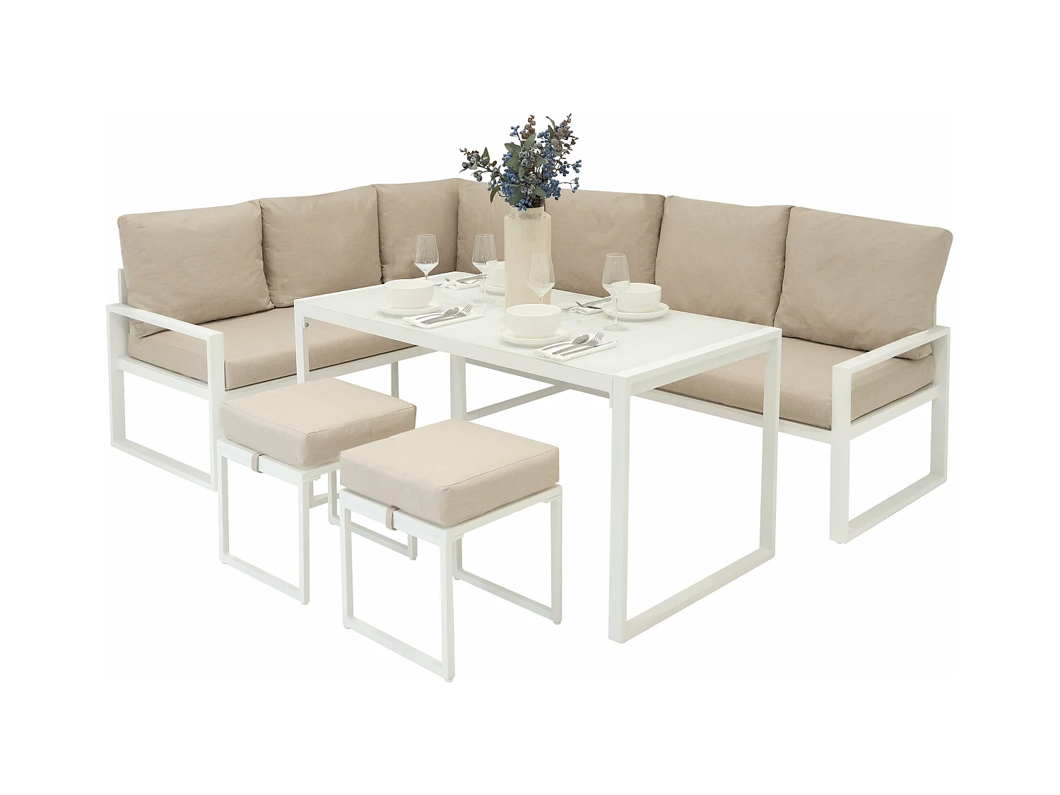 Weißes Aluminium-Gartenmöbel-Set 7-Sitzer-Outdoor-Wohnzimmer