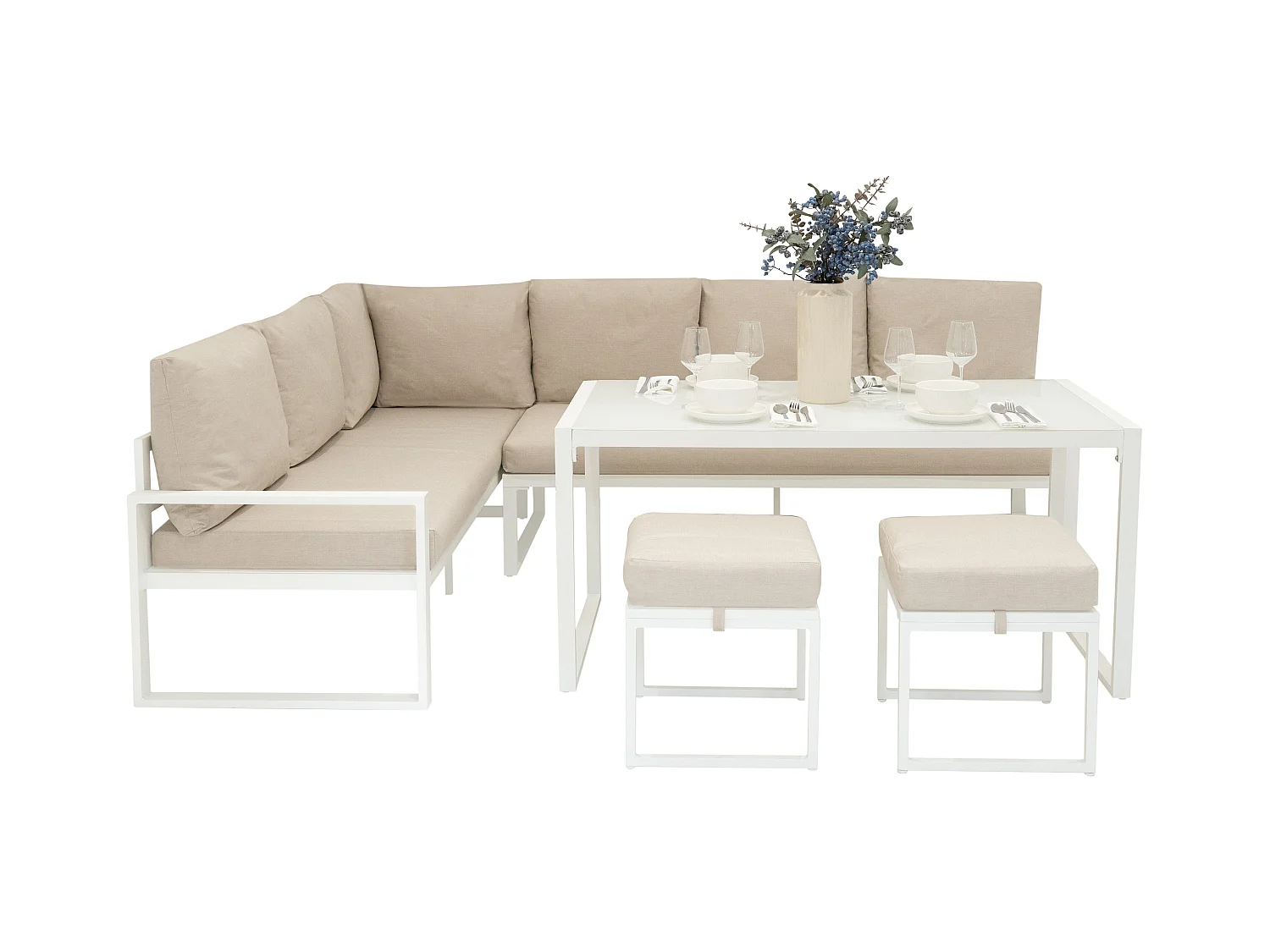 Sofa Esquinero para Exteriores con 2 Taburetes y Mesa - Blanco