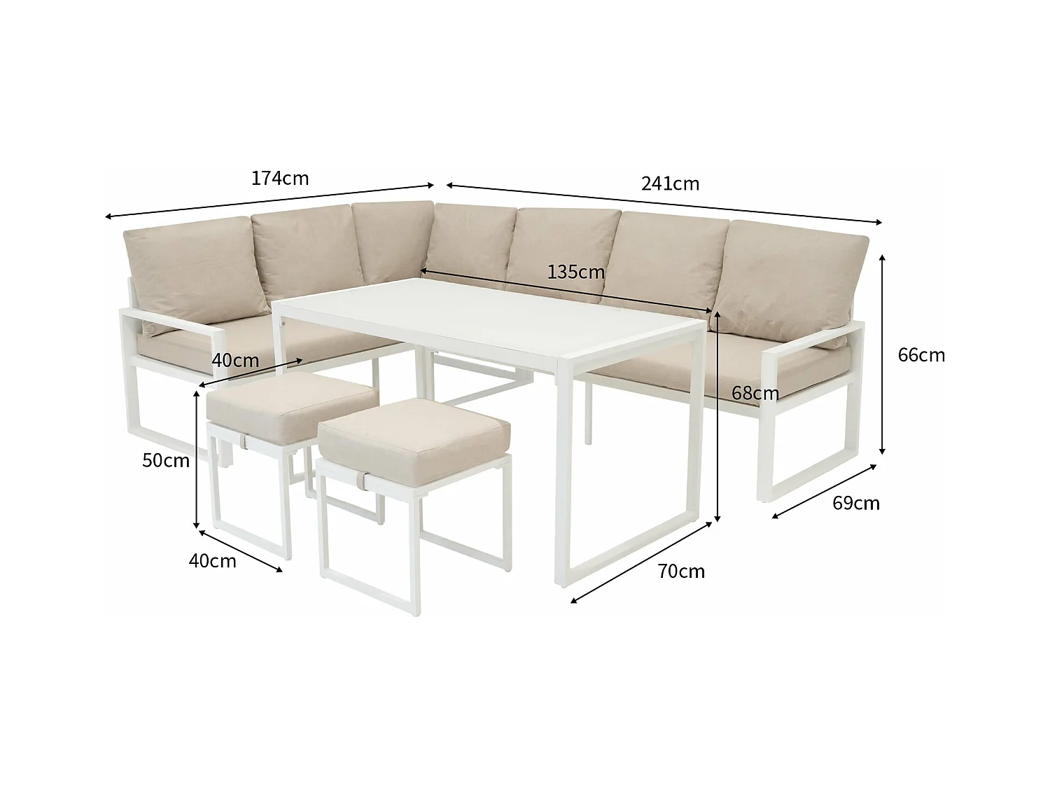 Sofa Esquinero para Exteriores con 2 Taburetes y Mesa - Blanco