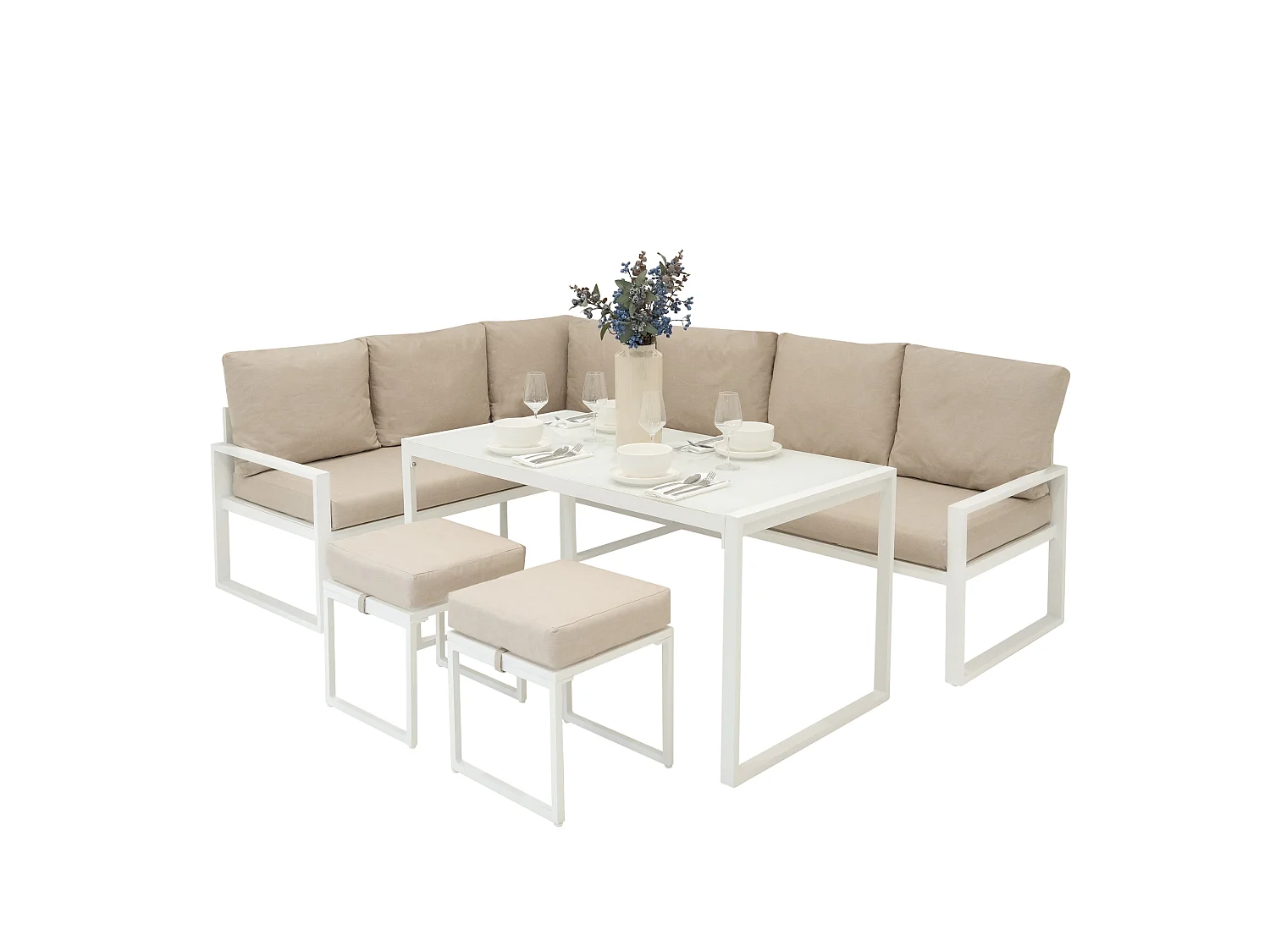 Aluminium Tuinmeubels | L-Vormig Hoekbank Eettafel Krukken | Wit Rotan Vervanger