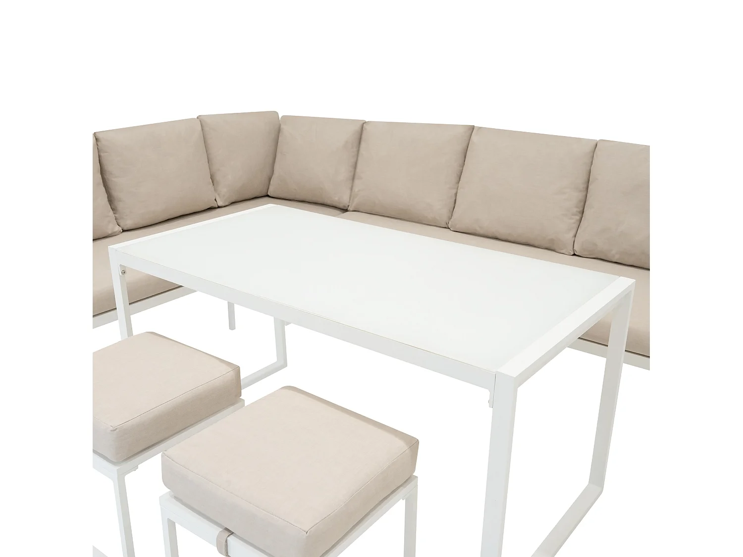 Aluminium Tuinmeubels | L-Vormig Hoekbank Eettafel Krukken | Wit Rotan Vervanger