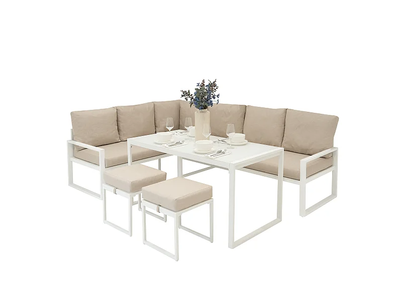 Ensemble Meubles de Jardin En Aluminium Blanc 7 Places Salon Extérieur Modulaire En Forme de L & Table (Housse Imperméable INCLUS)