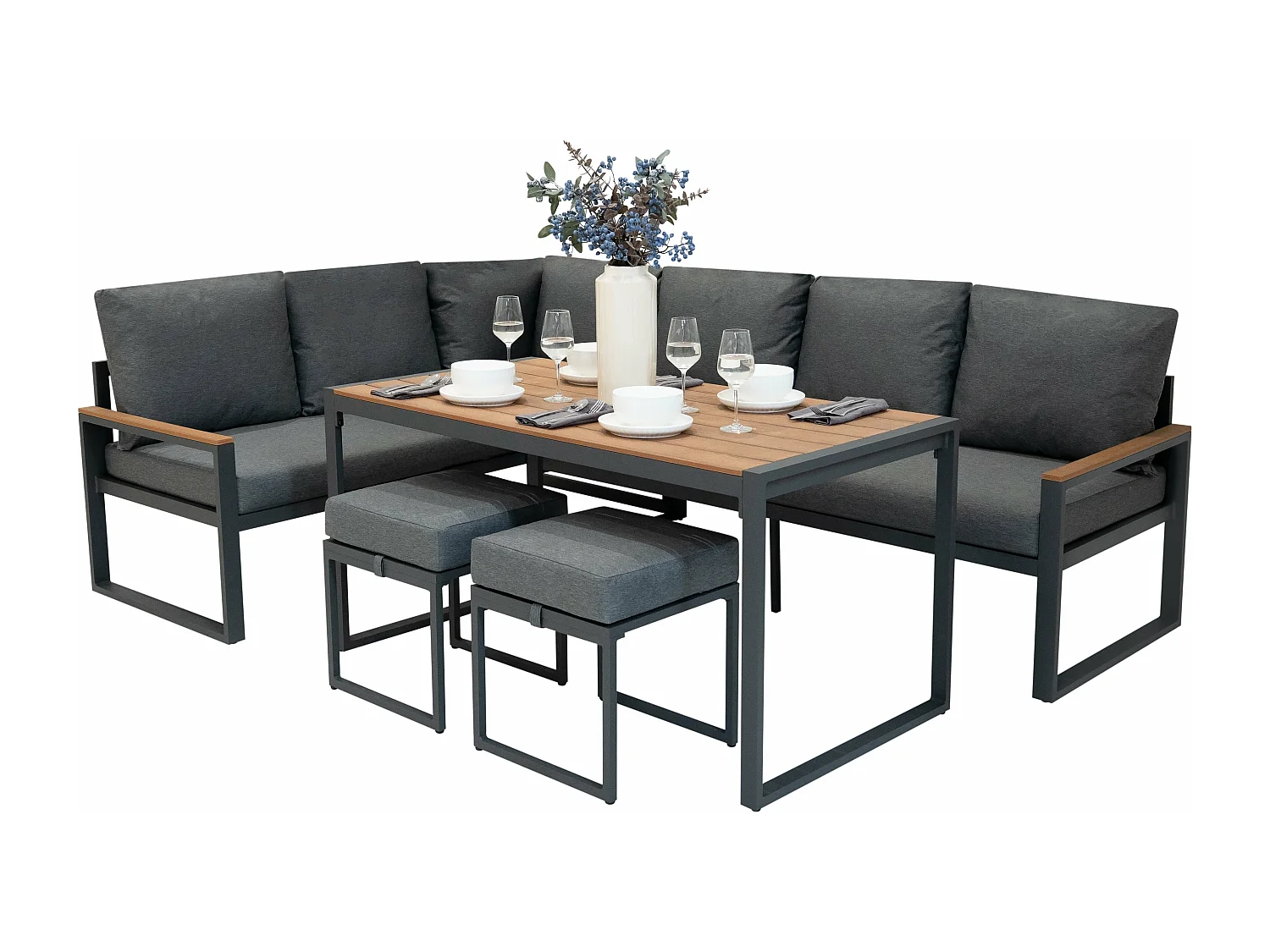 Ensemble Meubles de Jardin En Aluminium Effet Bois 7 Places Salon Extérieur Modulaire En Forme de L & Table (Housse Imperméable INCLUS)