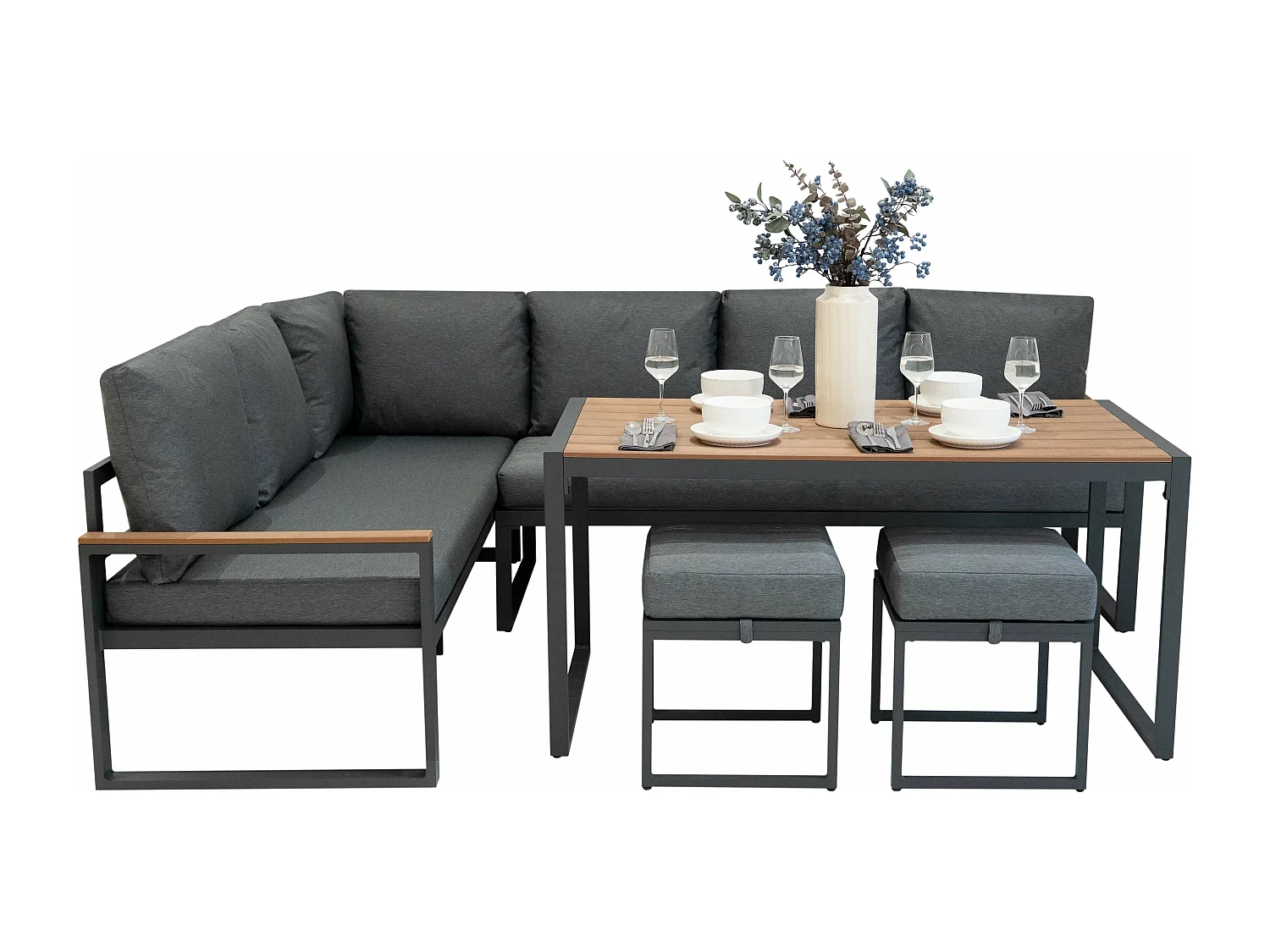 Ensemble Meubles de Jardin En Aluminium Effet Bois 7 Places Salon Extérieur Modulaire En Forme de L & Table (Housse Imperméable INCLUS)