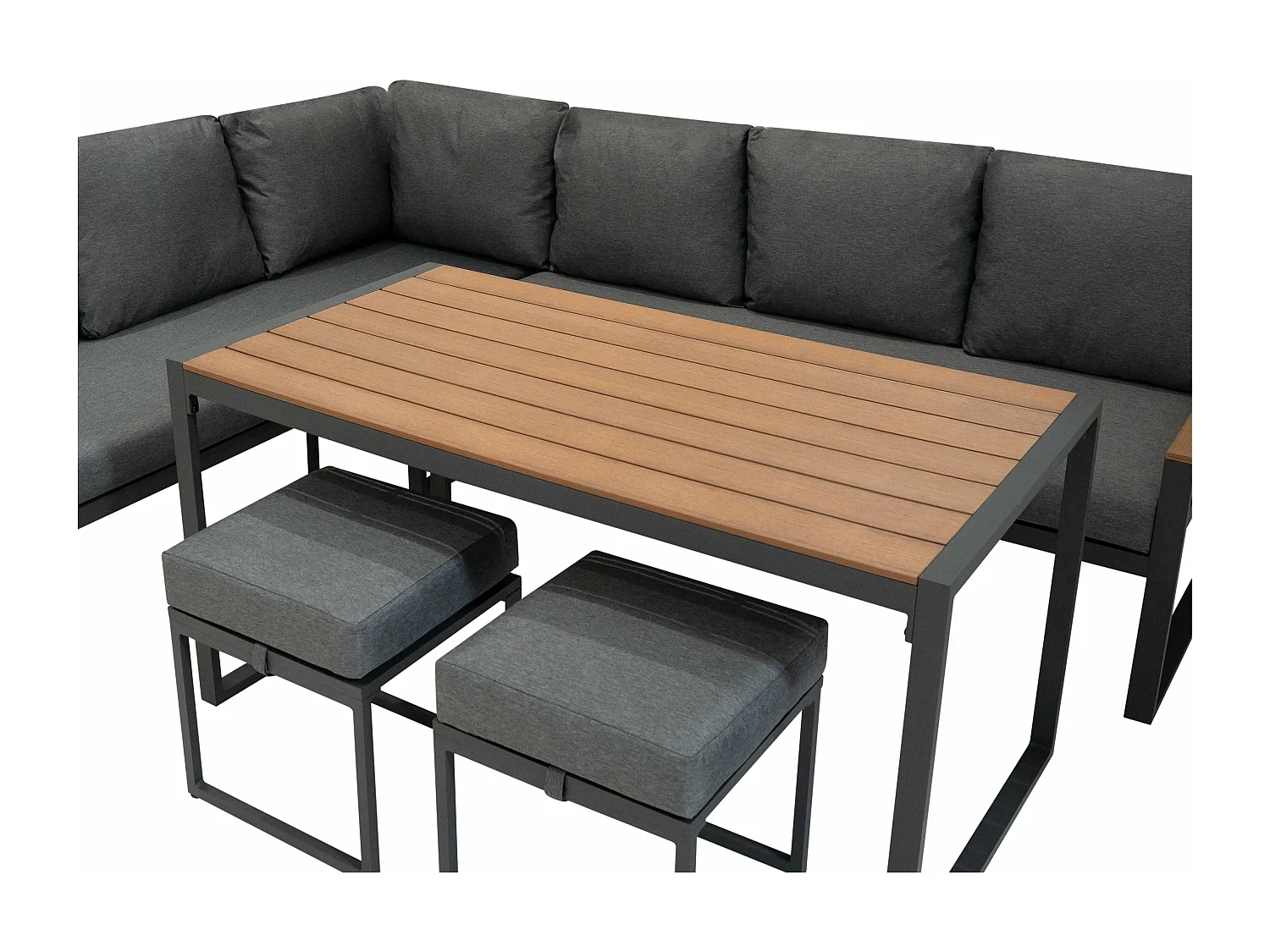 Ensemble Meubles de Jardin En Aluminium Effet Bois 7 Places Salon Extérieur Modulaire En Forme de L & Table (Housse Imperméable INCLUS)