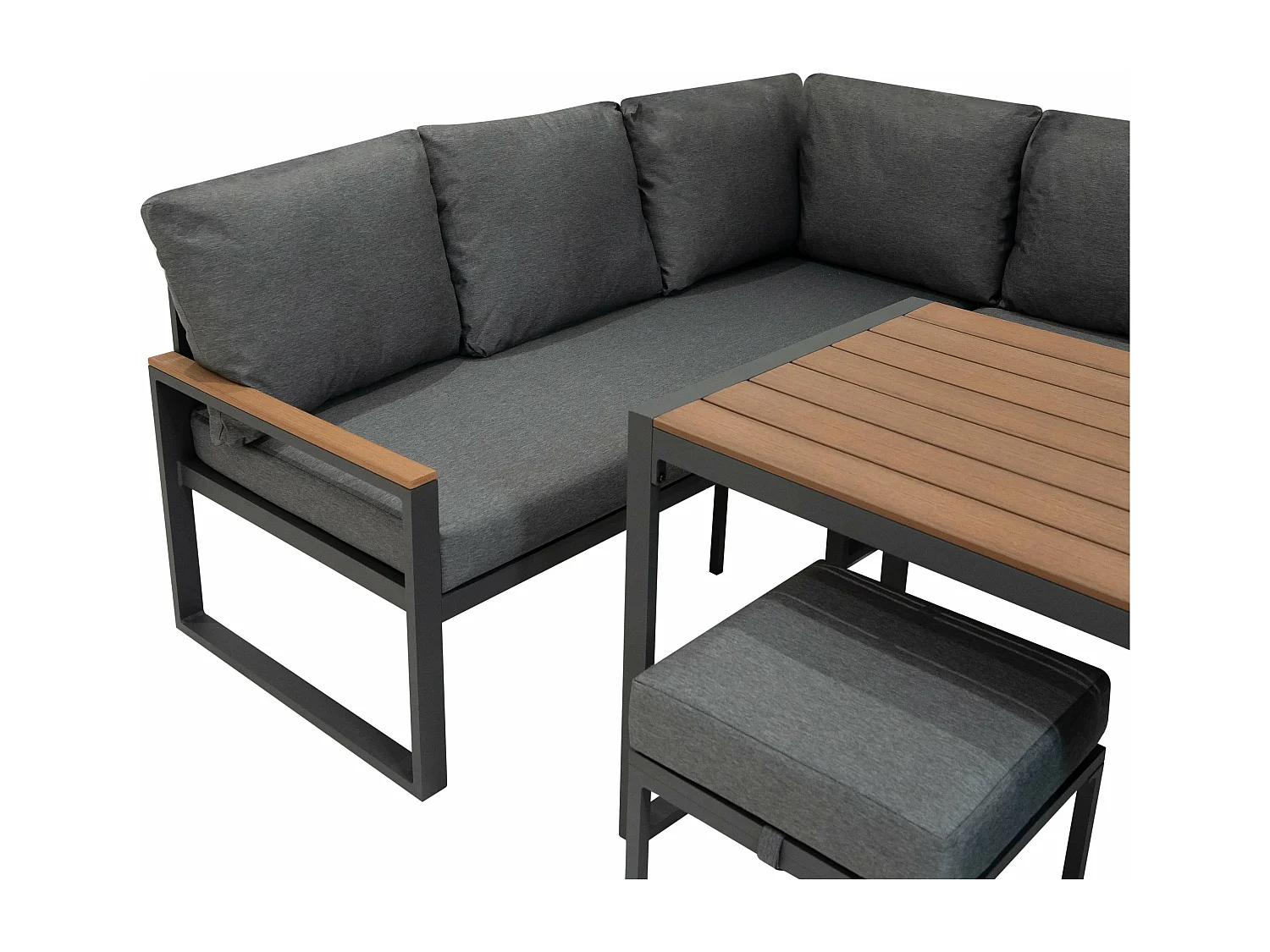 Set Mobili da Esterno in Alluminio Divano Angolare Tavolino Sgabelli Effetto Legno