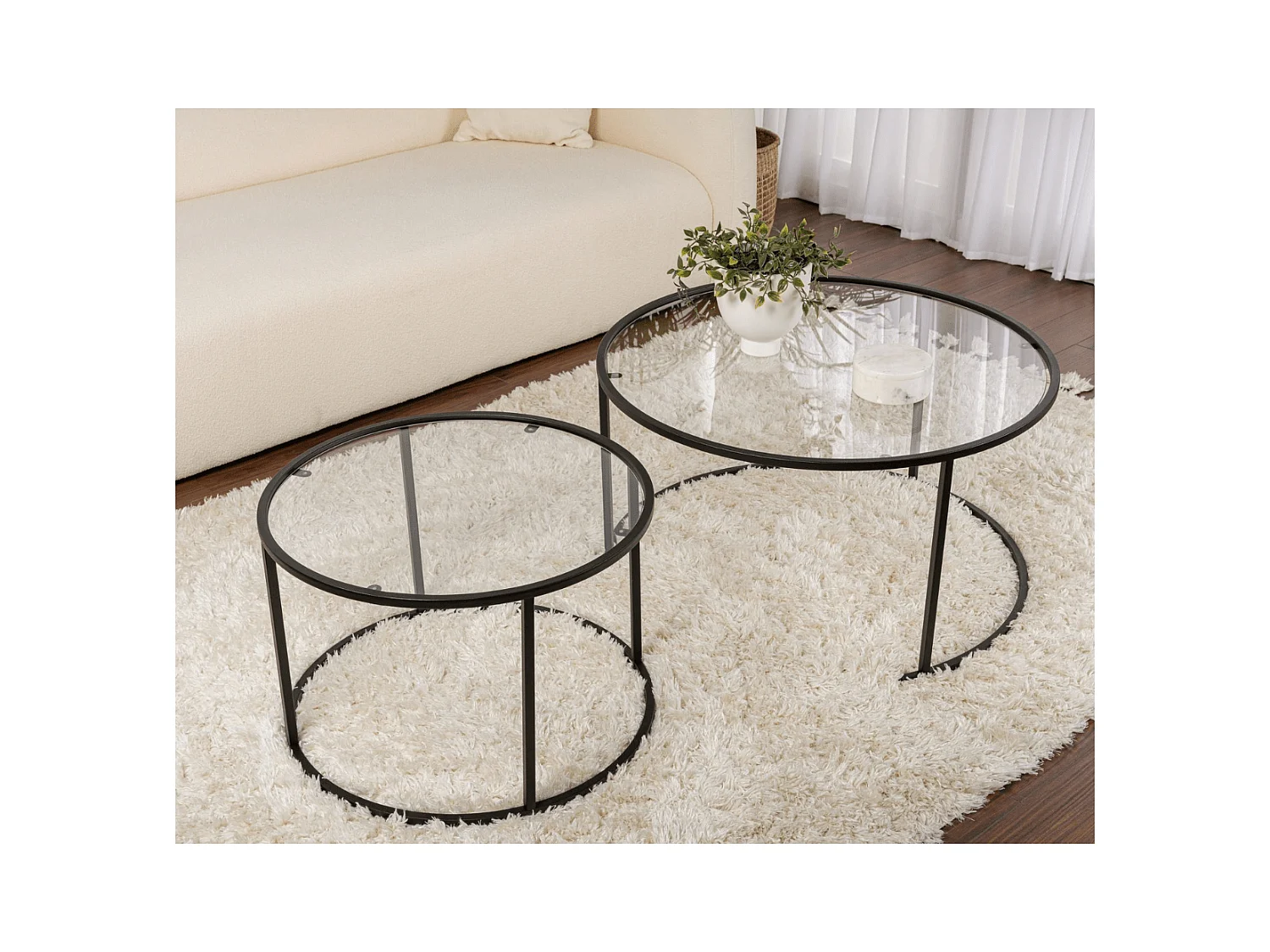 Set di 2 tavolini rotondi impilabili con piano in vetro D80 cm - AURUM