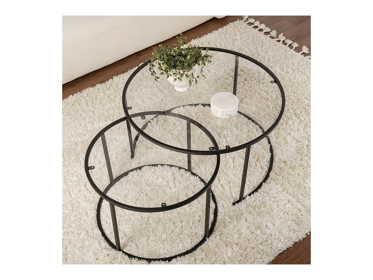 2er-Set runde, ineinander schiebbare Couchtische mit Glasplatte D80 cm – AURUM