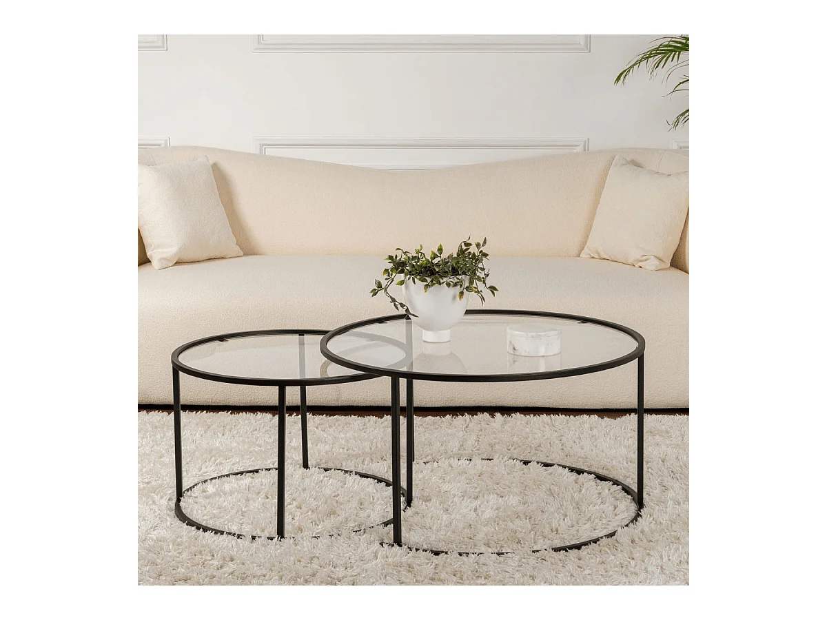 2er-Set runde, ineinander schiebbare Couchtische mit Glasplatte D80 cm – AURUM