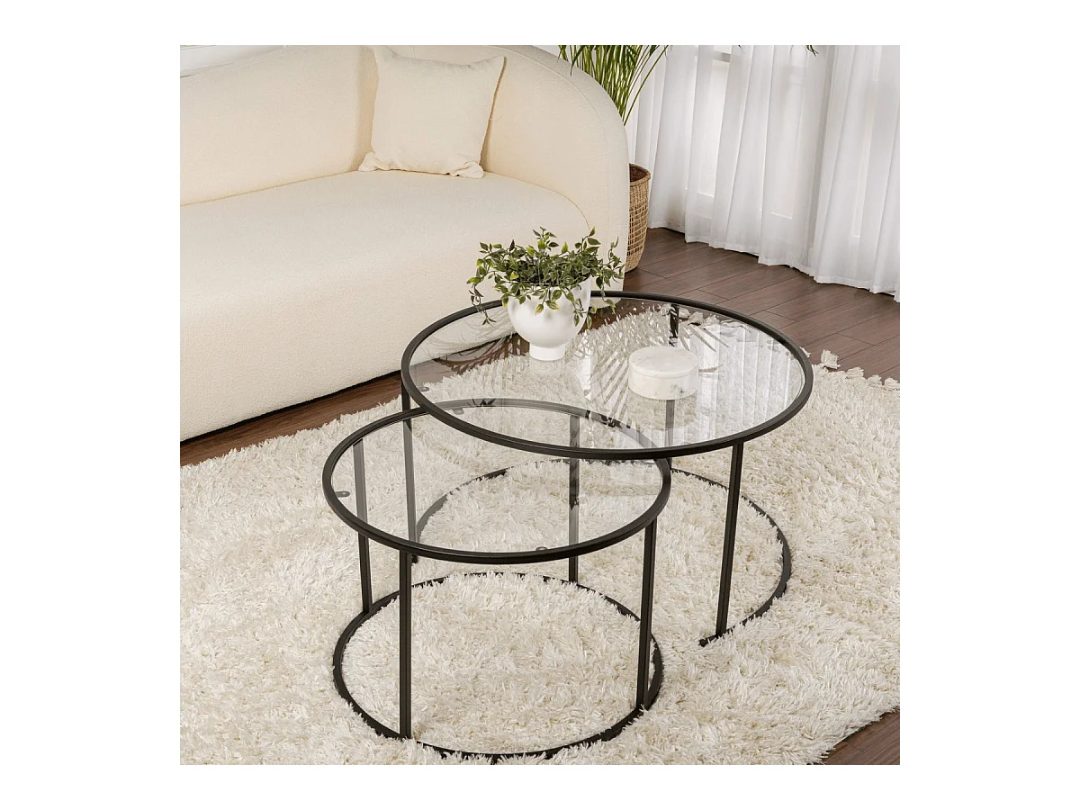 2er-Set runde, ineinander schiebbare Couchtische mit Glasplatte D80 cm – AURUM