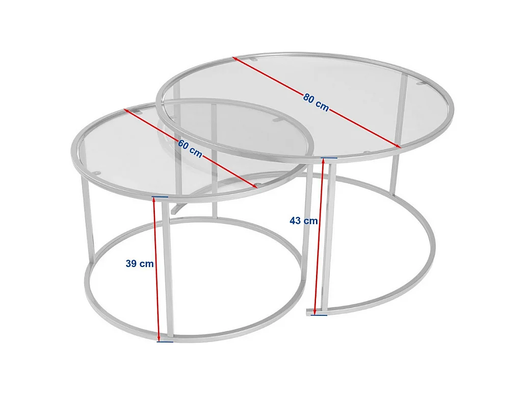 2er-Set runde, ineinander schiebbare Couchtische mit Glasplatte D80 cm – AURUM