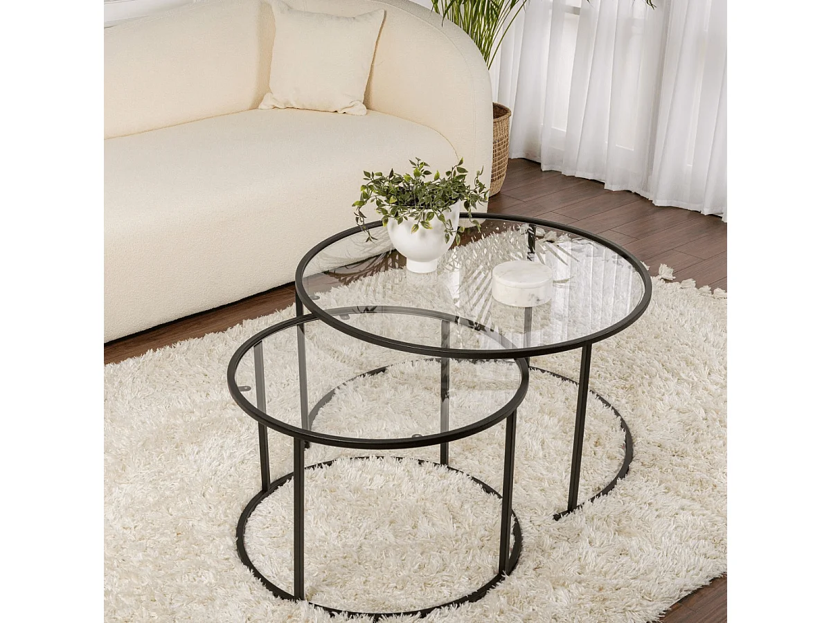 Set van 2 ronde, inschuifbare salontafels met glazen blad D80 cm – AURUM