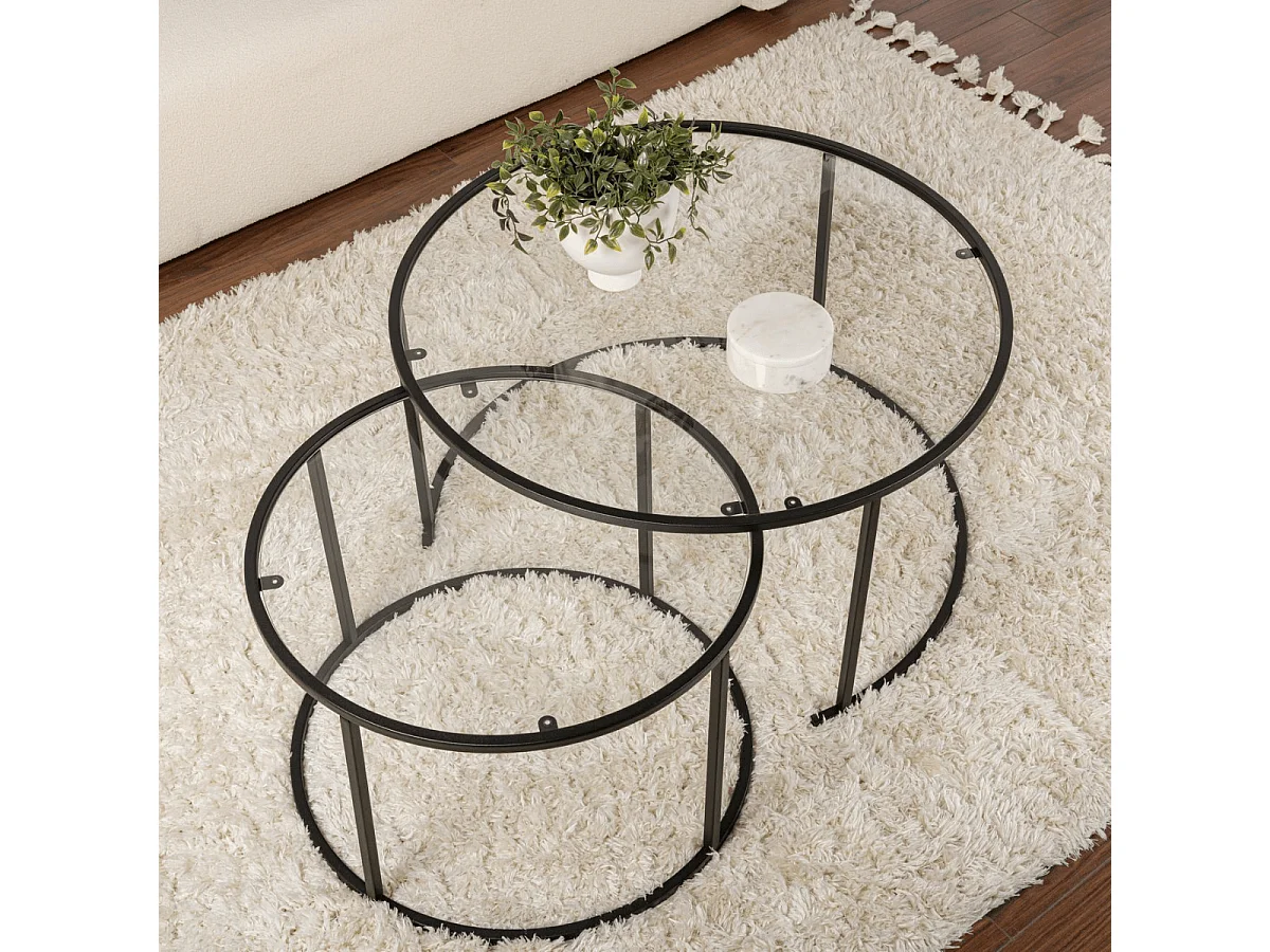 Set van 2 ronde, inschuifbare salontafels met glazen blad D80 cm – AURUM