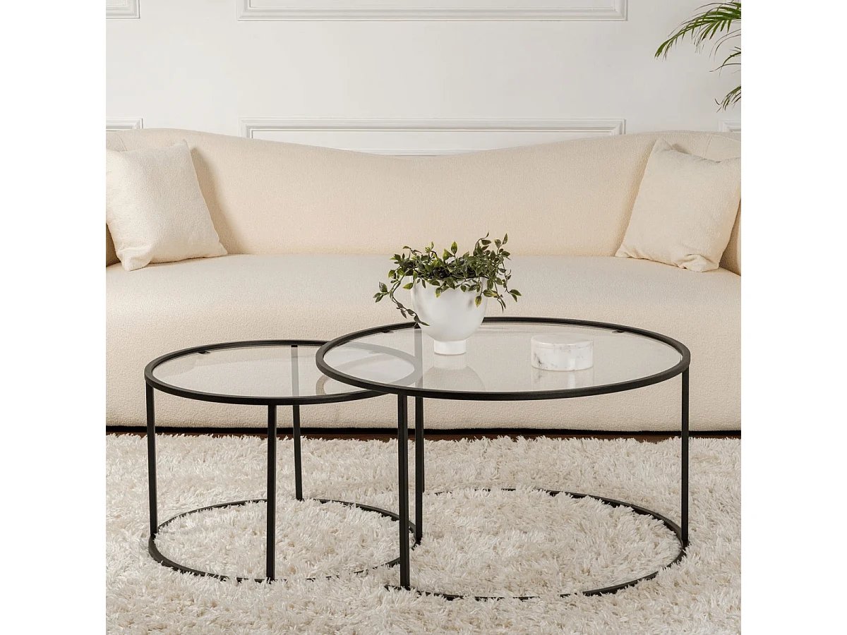 Set van 2 ronde, inschuifbare salontafels met glazen blad D80 cm – AURUM