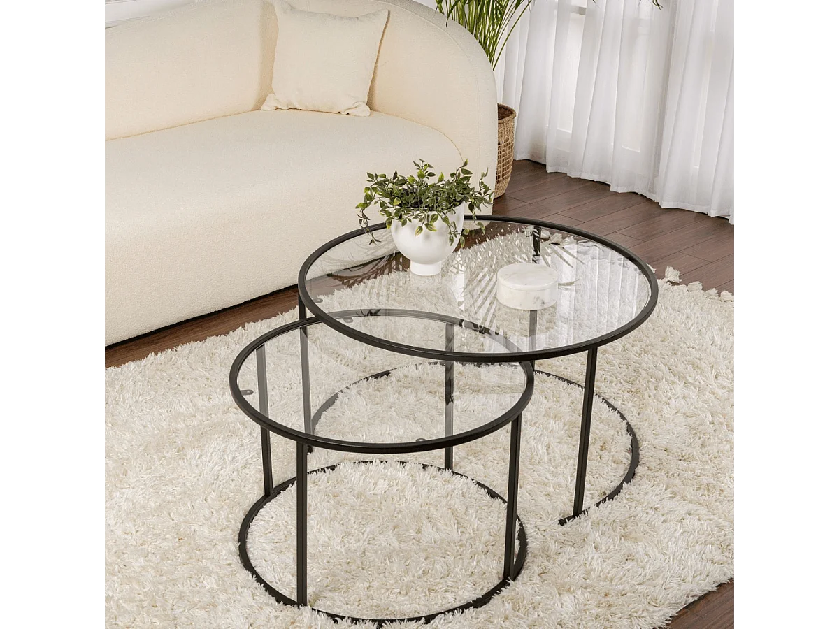 Lot de 2 tables basses gigognes rondes avec plateau en verre D80 cm - AURUM