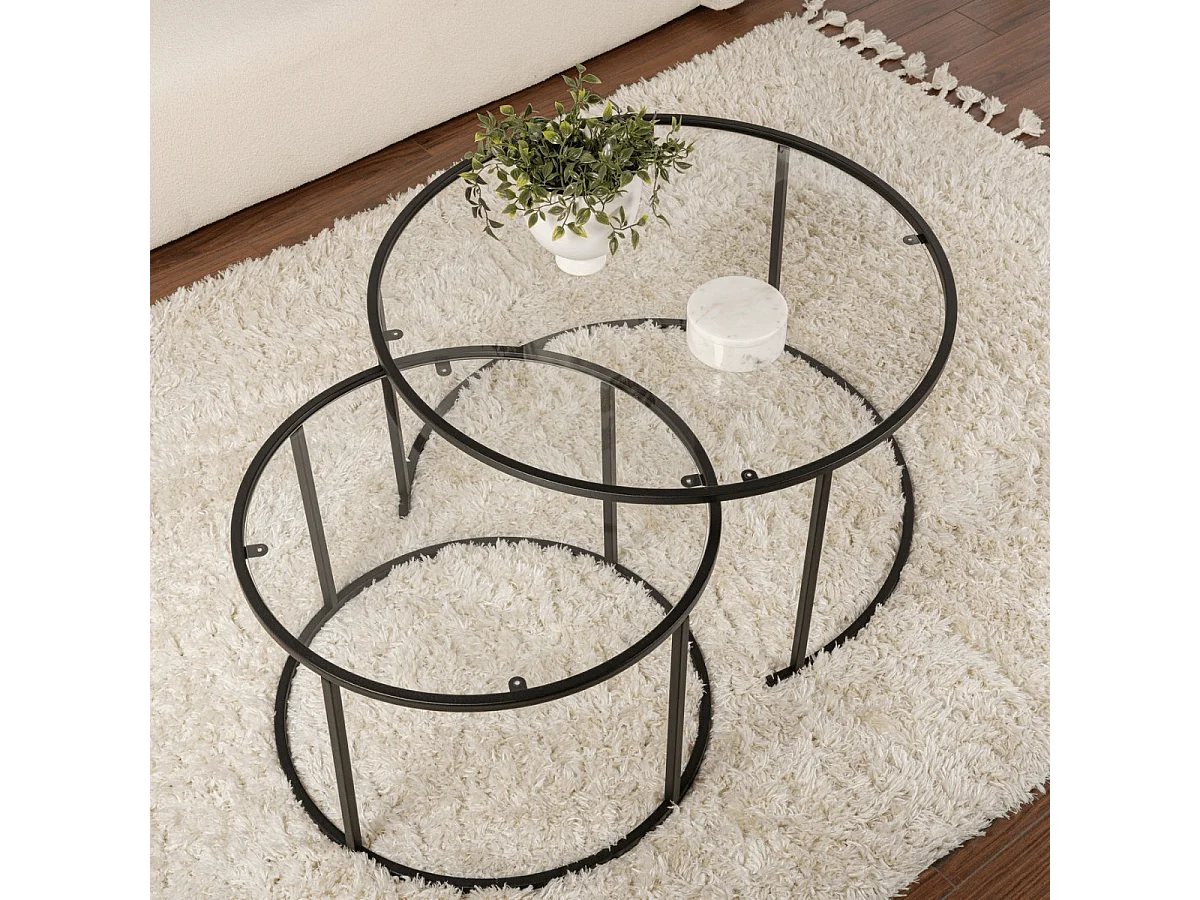 Lot de 2 tables basses gigognes rondes avec plateau en verre D80 cm - AURUM