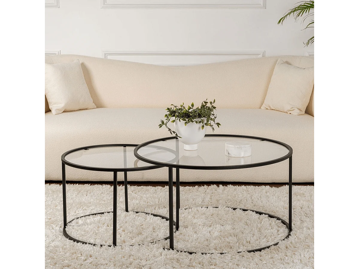 Lot de 2 tables basses gigognes rondes avec plateau en verre D80 cm - AURUM