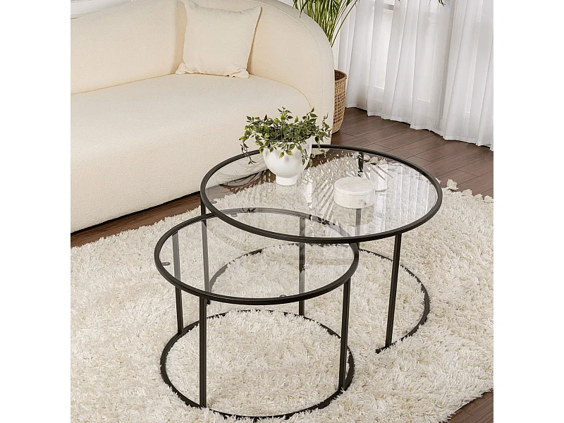 Set di 2 tavolini rotondi impilabili con piano in vetro D80 cm - AURUM