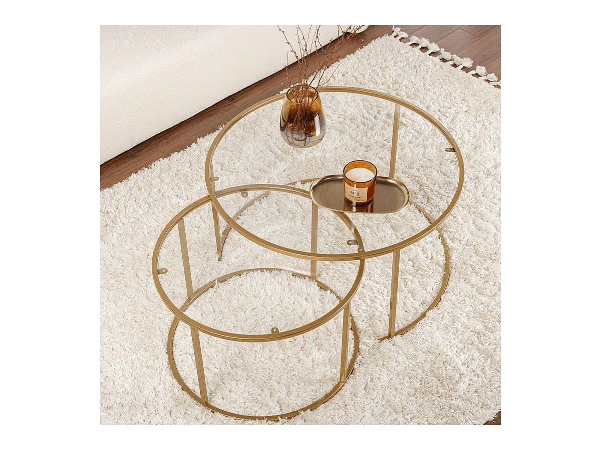 2er-Set runde, ineinander schiebbare Couchtische mit Glasplatte D80 cm – AURUM