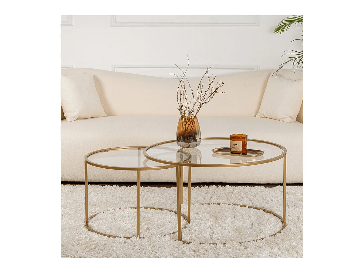 2er-Set runde, ineinander schiebbare Couchtische mit Glasplatte D80 cm – AURUM