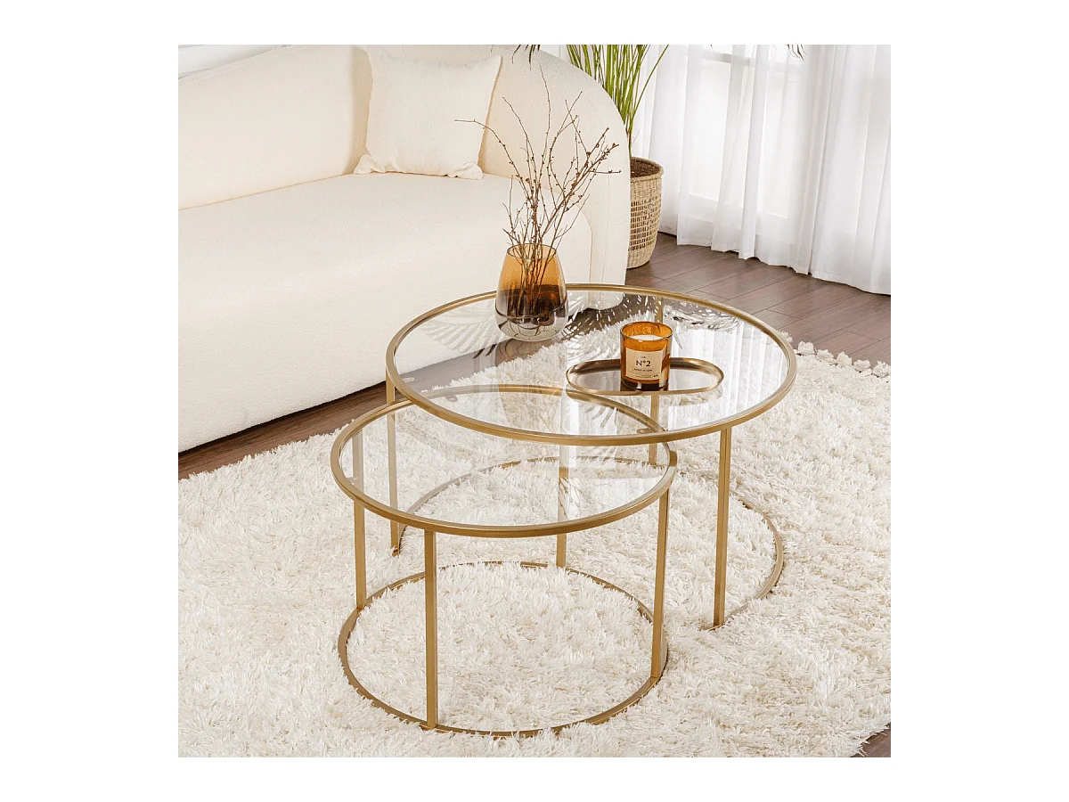 Set van 2 ronde, inschuifbare salontafels met glazen blad D80 cm – AURUM