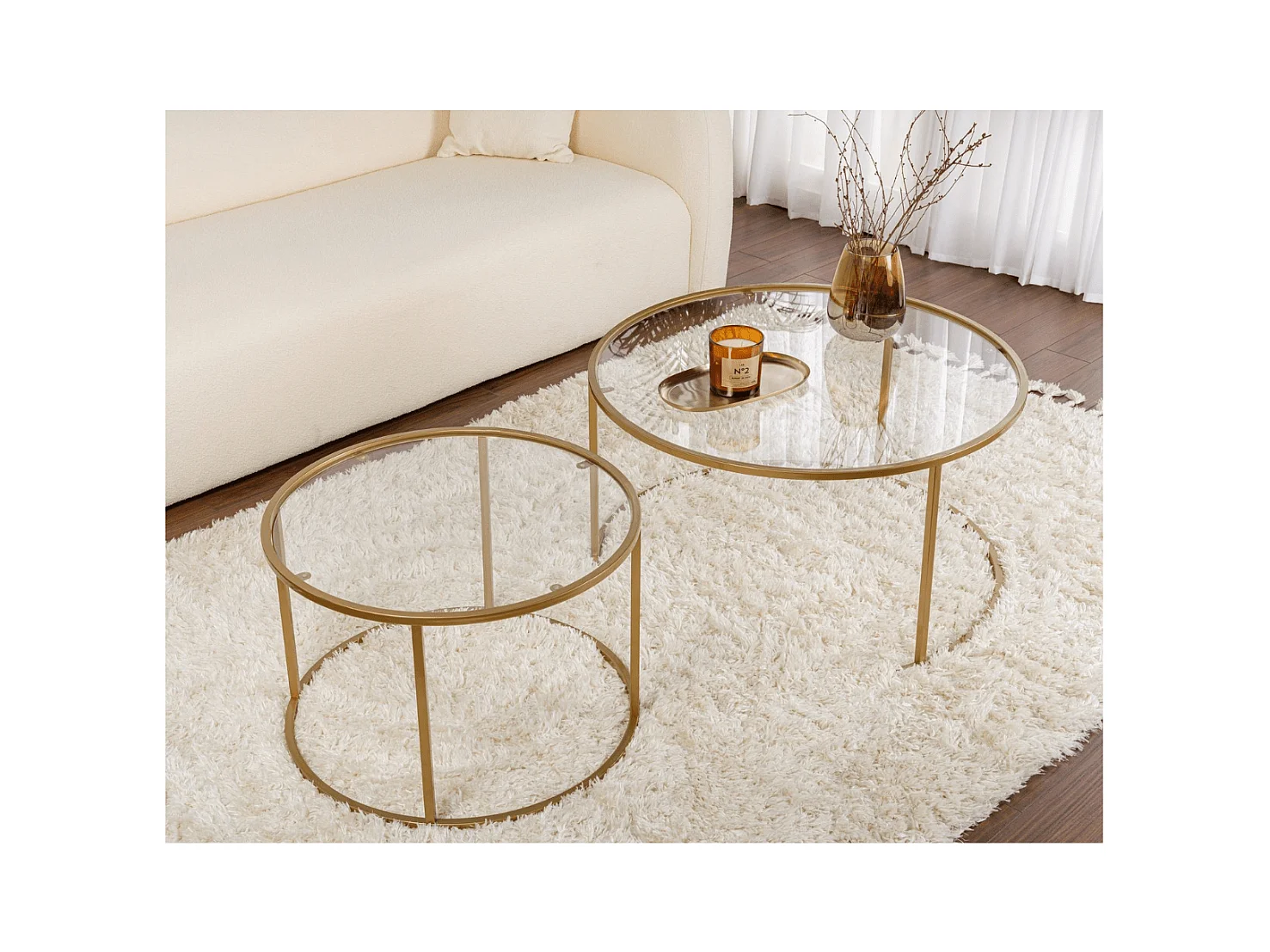 Set van 2 ronde, inschuifbare salontafels met glazen blad D80 cm – AURUM