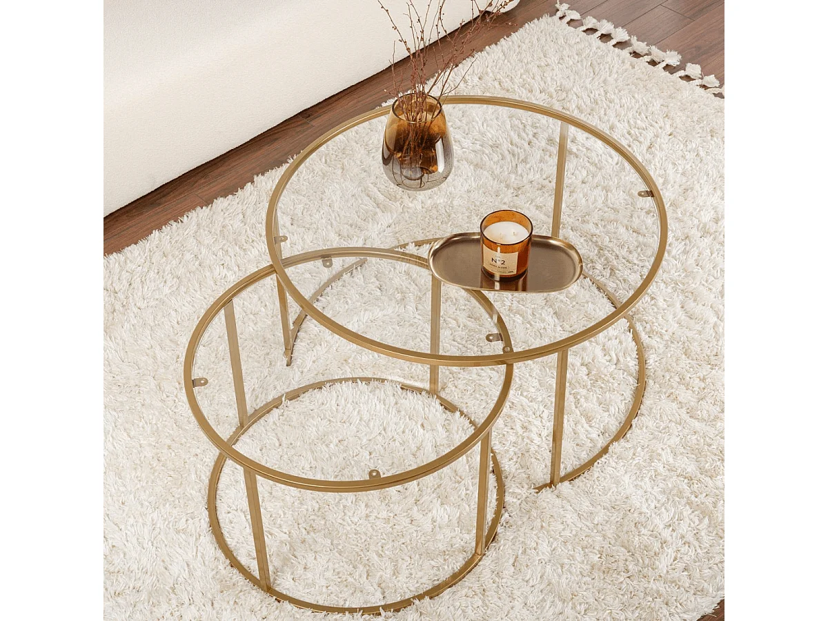 Set van 2 ronde, inschuifbare salontafels met glazen blad D80 cm – AURUM