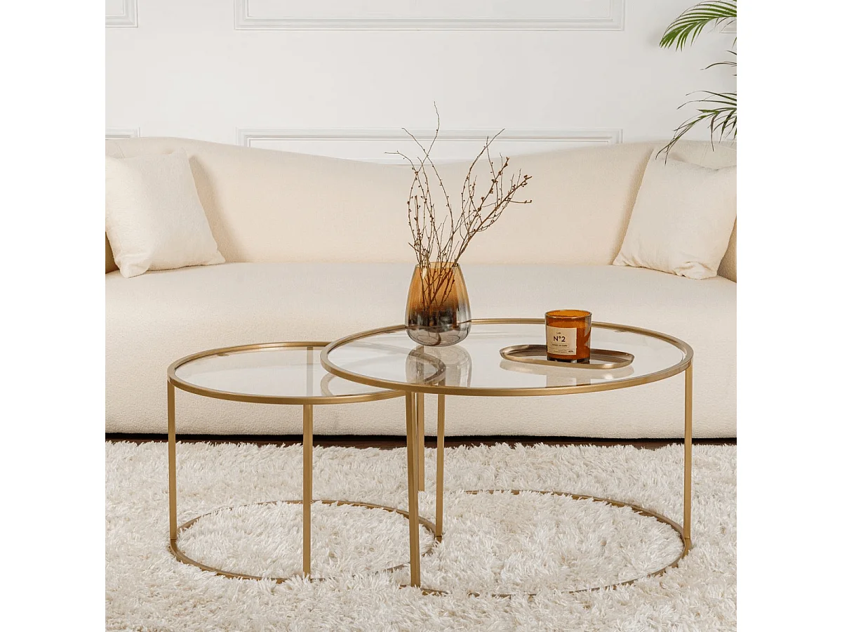 Set van 2 ronde, inschuifbare salontafels met glazen blad D80 cm – AURUM