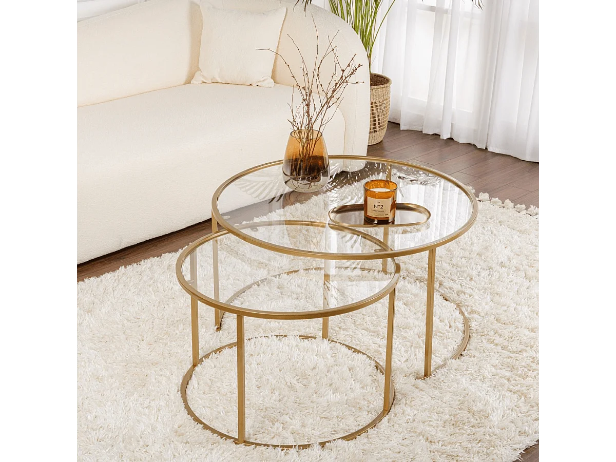 2er-Set runde, ineinander schiebbare Couchtische mit Glasplatte D80 cm – AURUM