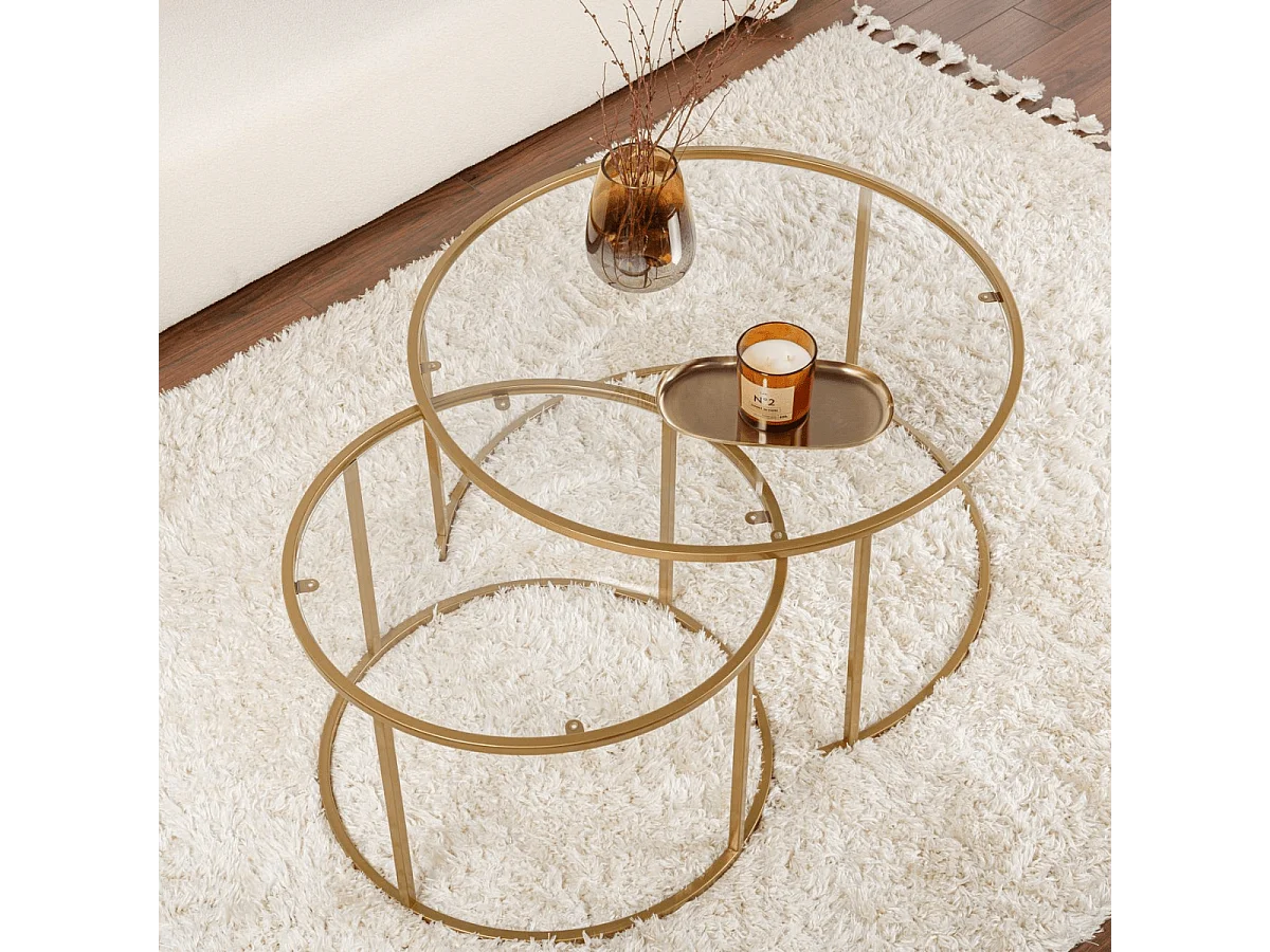 2er-Set runde, ineinander schiebbare Couchtische mit Glasplatte D80 cm – AURUM