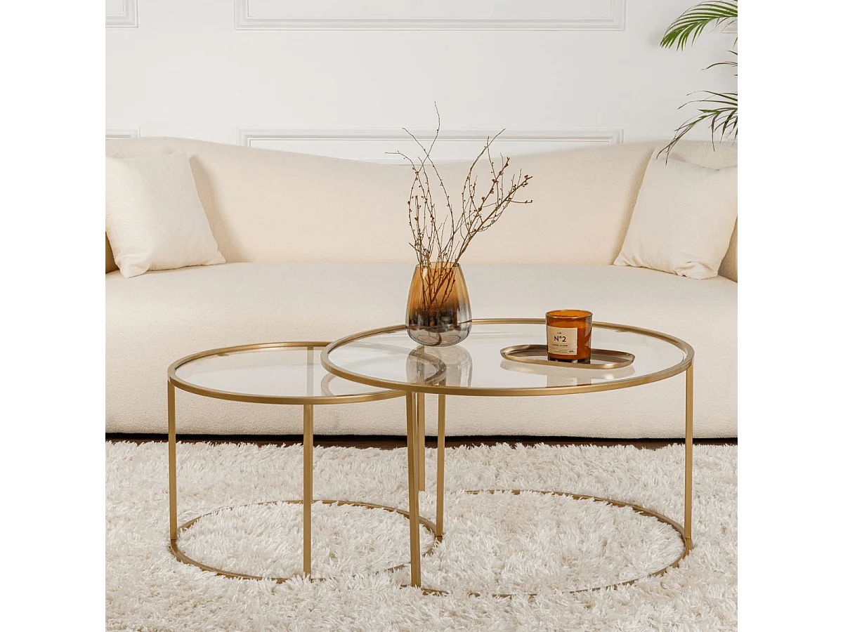 2er-Set runde, ineinander schiebbare Couchtische mit Glasplatte D80 cm – AURUM