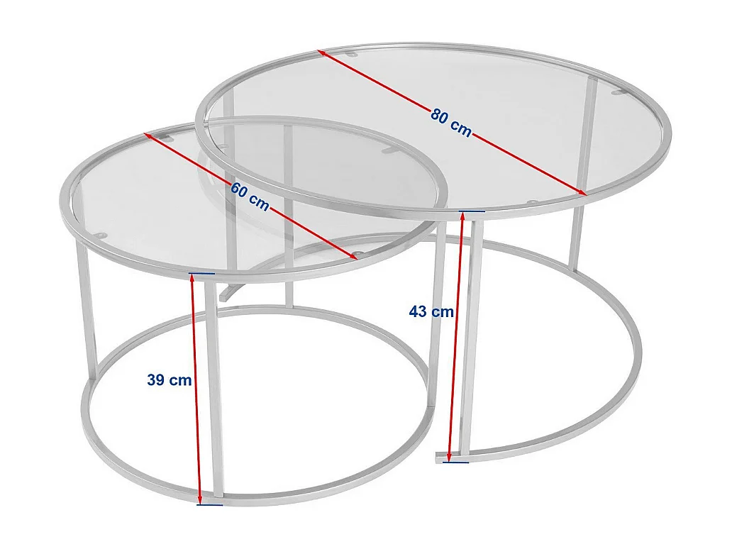 2er-Set runde, ineinander schiebbare Couchtische mit Glasplatte D80 cm – AURUM