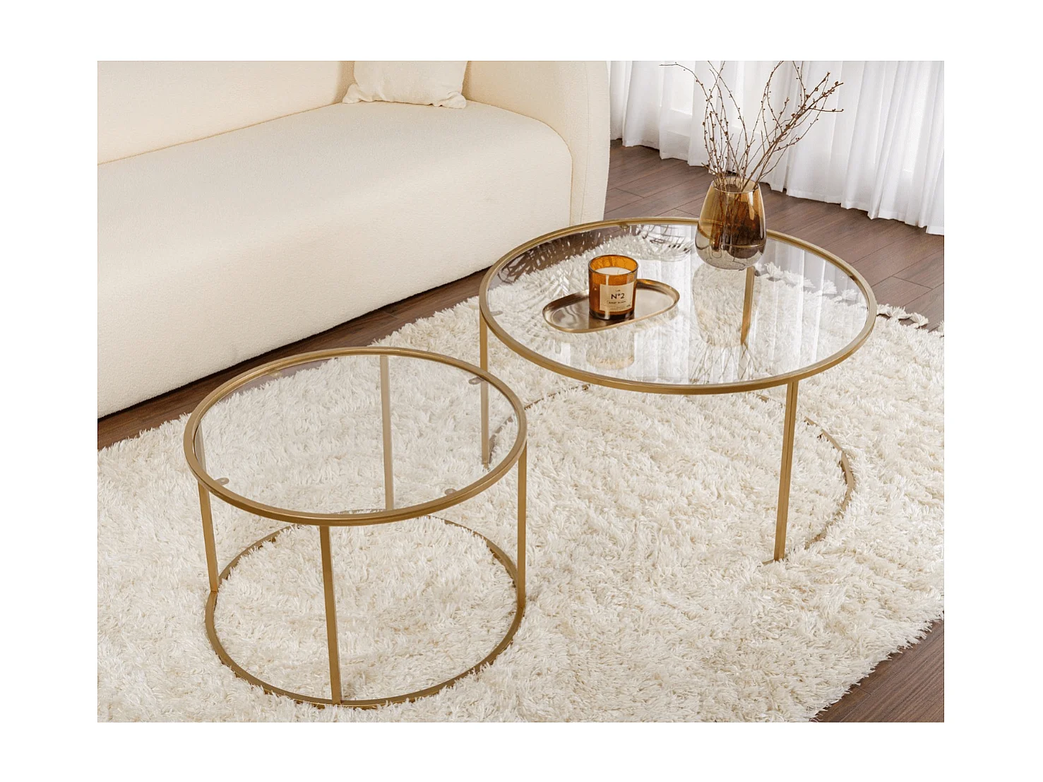 2er-Set runde, ineinander schiebbare Couchtische mit Glasplatte D80 cm – AURUM