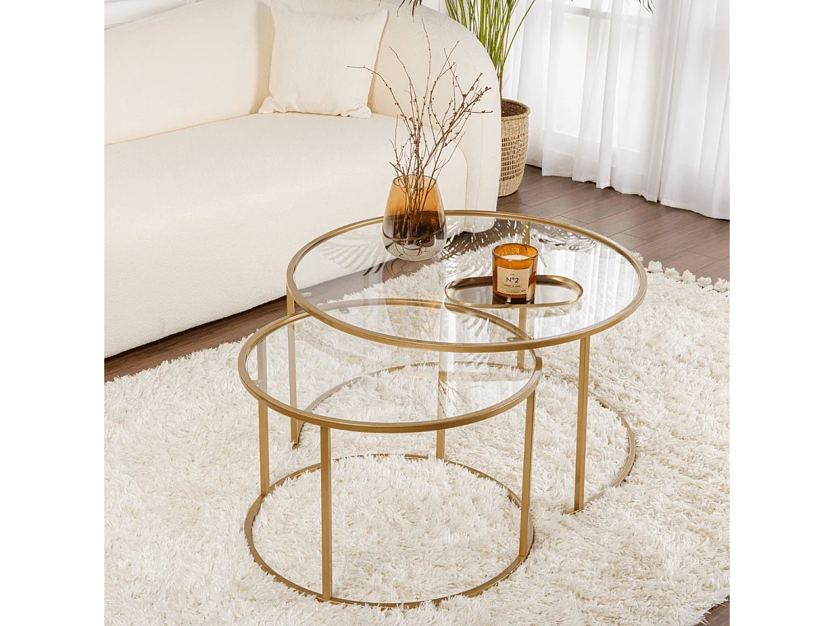 Set di 2 tavolini rotondi impilabili con piano in vetro D80 cm - AURUM