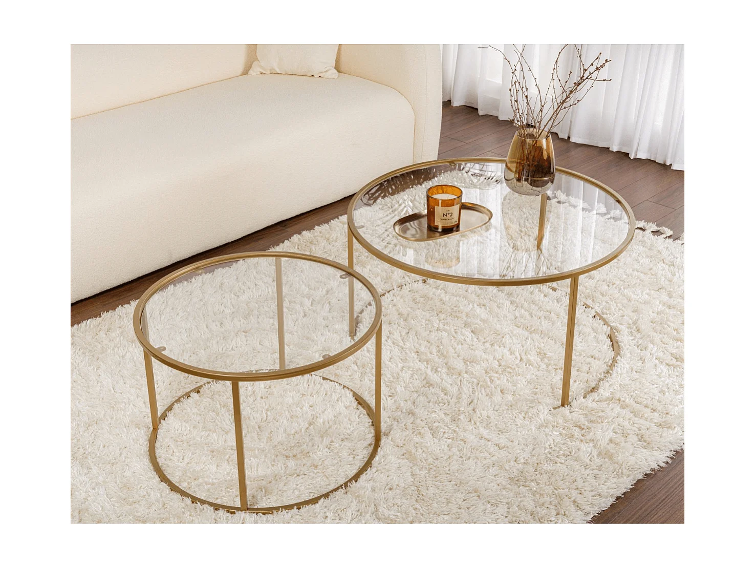 Set di 2 tavolini rotondi impilabili con piano in vetro D80 cm - AURUM