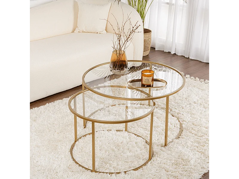 2er-Set runde, ineinander schiebbare Couchtische mit Glasplatte D80 cm – AURUM