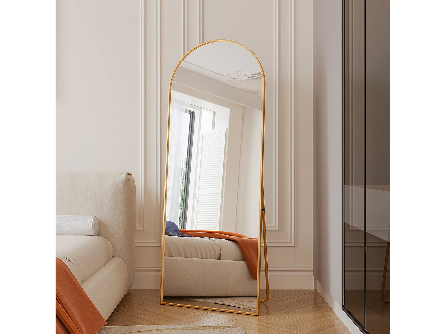 Make-upspiegel van gehard glas, frame van aluminiumlegering, gebogen 165*60cm, goud