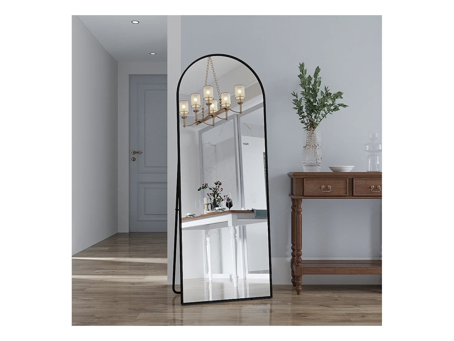 Espejo de pie, marco de aluminio con soporte, alto 162 cm, ancho 53 cm, negro