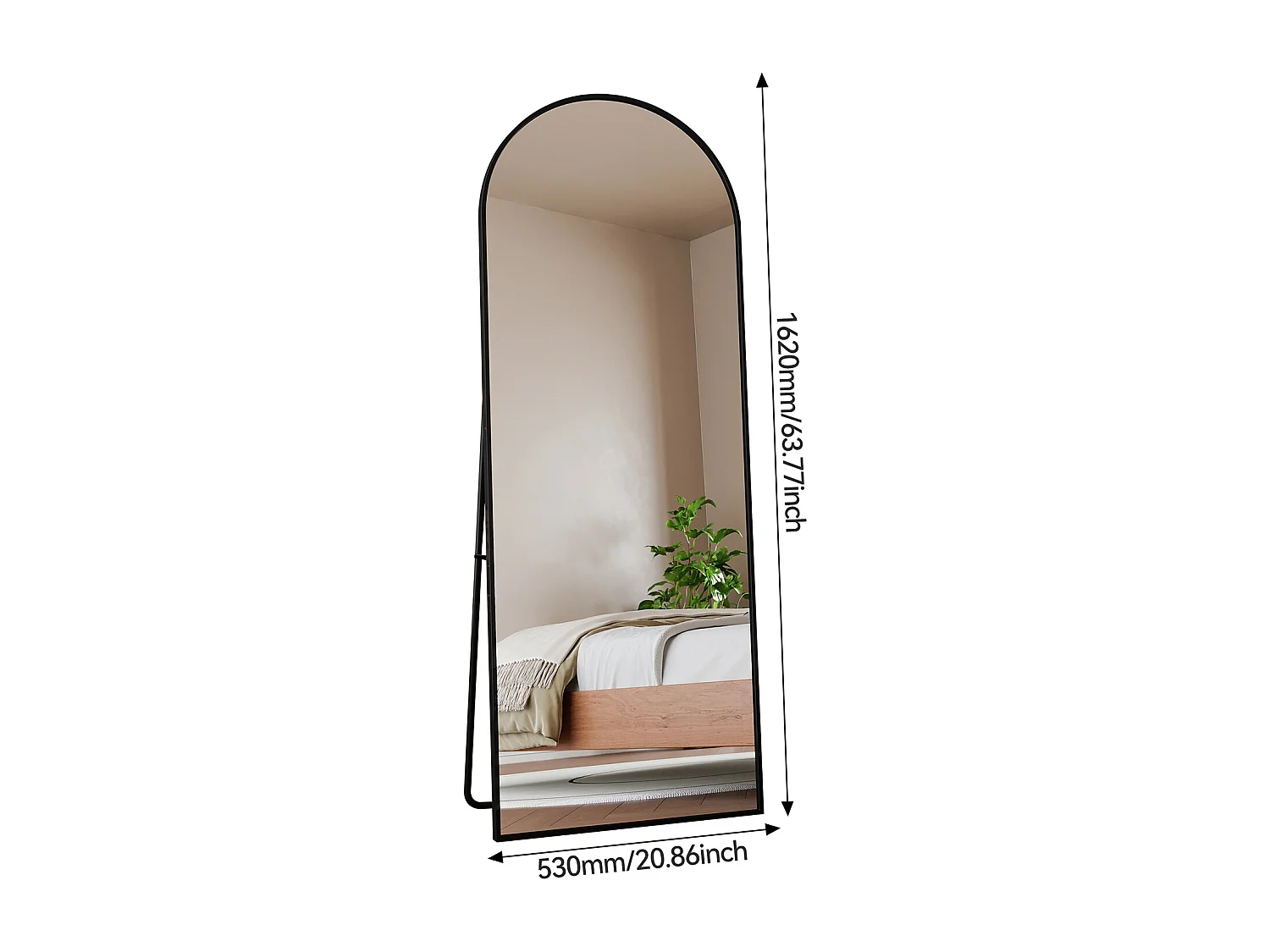 Staande spiegel, aluminium frame met standaard, H162cm, B53cm, zwart