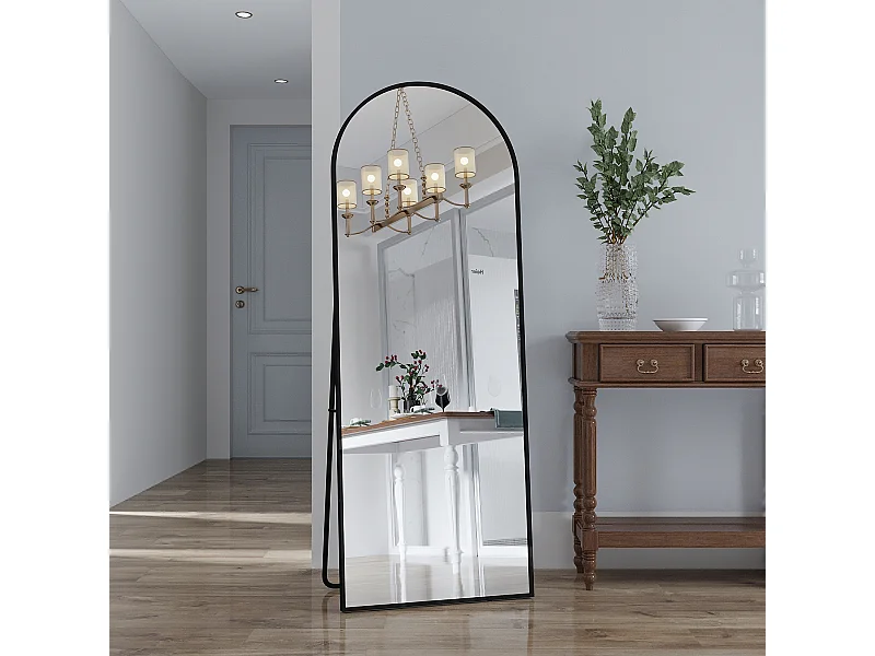 Miroir sur pied, cadre en aluminium avec support, H162cm, L53cm, noir