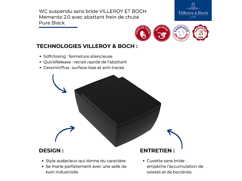 WC suspendu sans bride VILLEROY ET BOCH Memento 2.0 avec abattant Pure Black