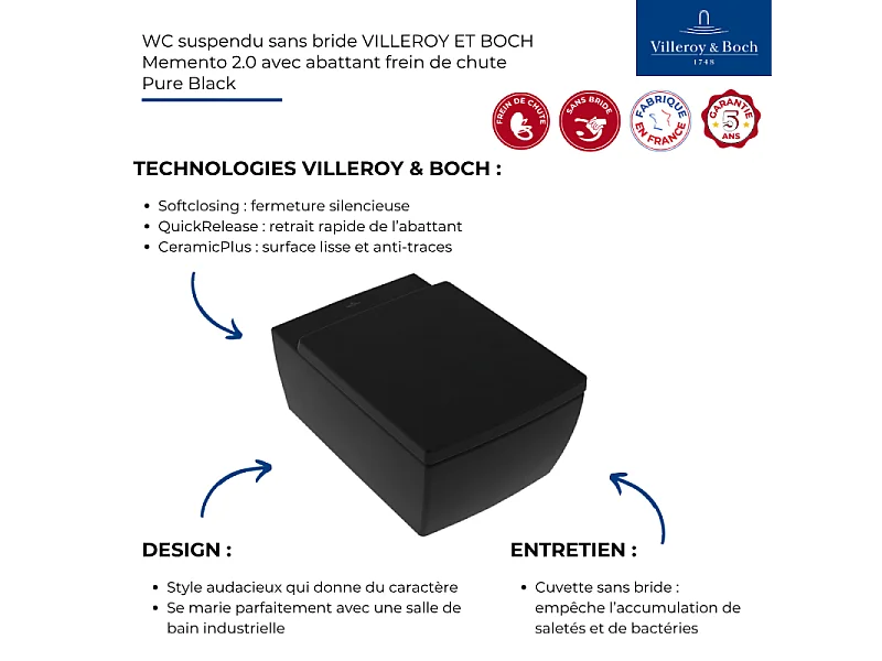 WC suspendu sans bride VILLEROY ET BOCH Memento 2.0 avec abattant Pure Black
