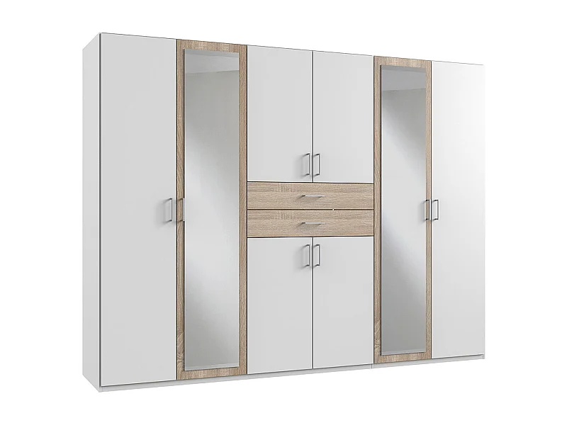Armoire Placard, meuble de rangement avec 2 miroirs coloris Blanc, rechampis imitation chêne - Longueur  270 x Hauteur 208 x Profondeur 58 cm