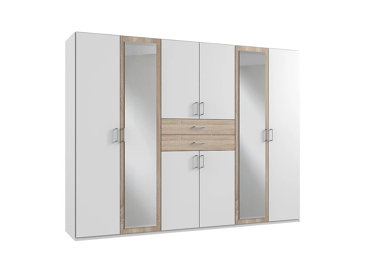 Armoire Placard, meuble de rangement avec 2 miroirs coloris Blanc, rechampis imitation chêne - Longueur  270 x Hauteur 208 x Profondeur 58 cm