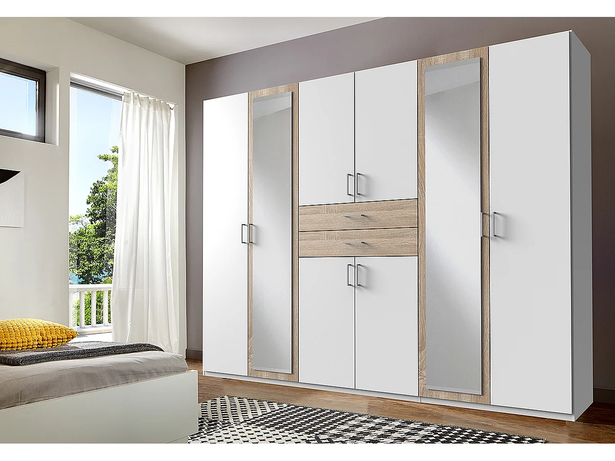 Armoire Placard, meuble de rangement avec 2 miroirs coloris Blanc, rechampis imitation chêne - Longueur  270 x Hauteur 208 x Profondeur 58 cm