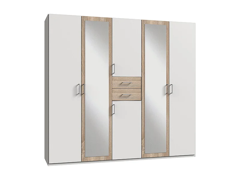 Armoire Placard, meuble de rangement avec 2 miroirs coloris Blanc, rechampis imitation chêne - Longueur  225 x Hauteur 208  x Profondeur 58 cm